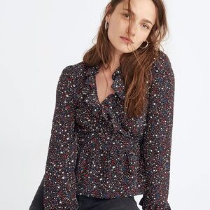 Madewell Silk Ruffle-Hem Wrap Top in Starry Night